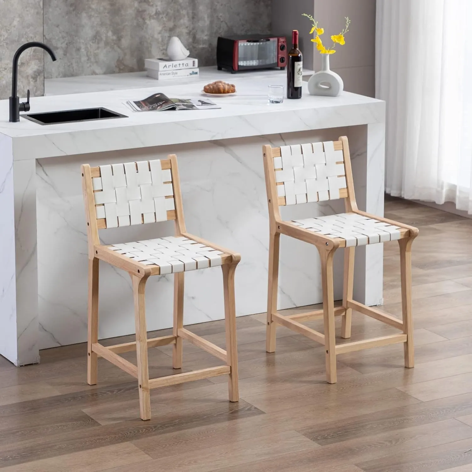 Counter Stools Set of 2 Modern 23.5" Counter Height Barstool with PU Leather Woven Strap Seat & Open back Natural Wood Color Chairs with Footrest for Home Bar/Dining Room/Kitchen Island, White
