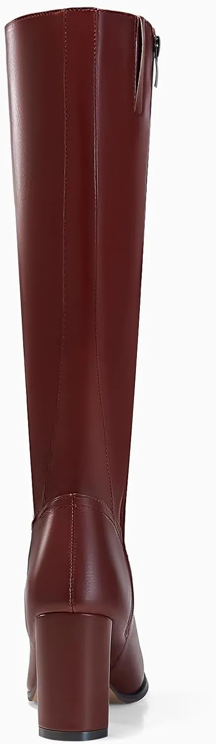 Coutgo Womens Knee High Boots Pointed Toe Chunky Heel Boot Side Zipper Winter Long Boots
