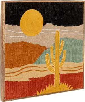 Creative Co-Op Wood Framed Woven Cotton Blend Embroidered Wall Décor with Desert Landscape, Multicolor