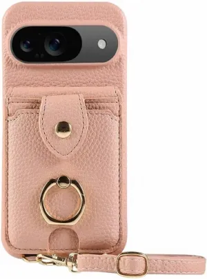 Crossbody Ring Stand Mirror Wallet Case with Card Holder for Google Pixel 8 A – Leather Protective Cover