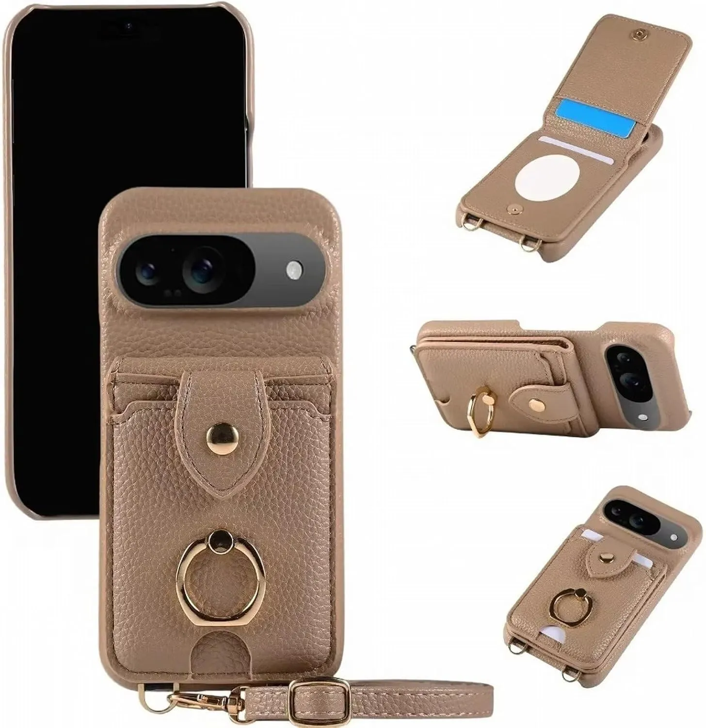 Crossbody Ring Stand Mirror Wallet Case with Card Holder for Google Pixel 8 A – Leather Protective Cover
