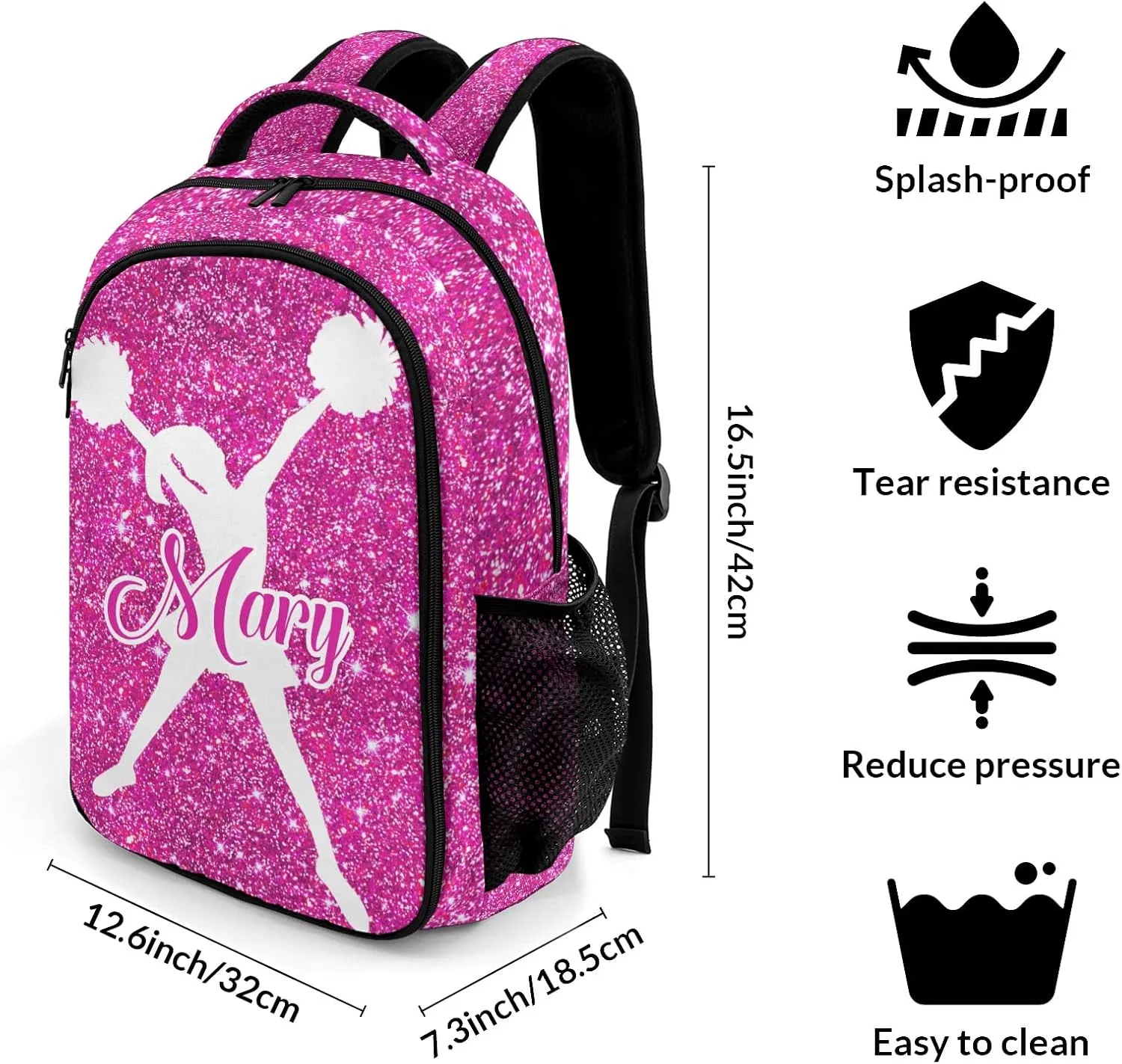 Custom Cheerleader Backpack Name Casual Bag Daypack for Women Men Camping Hiking Pink Red Bling Print Simple Cheer