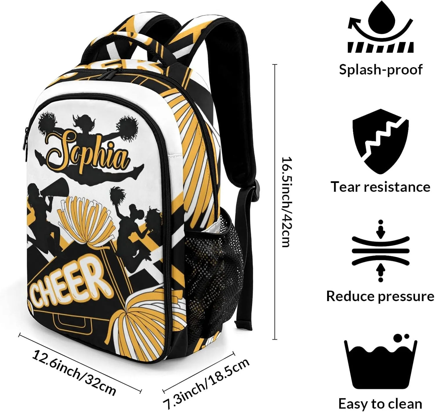 Custom Cheerleaders Backpack Custom Name Large Capacity Shoulder Bags for Sports Party Cheer Pom Gold Yellow Black White