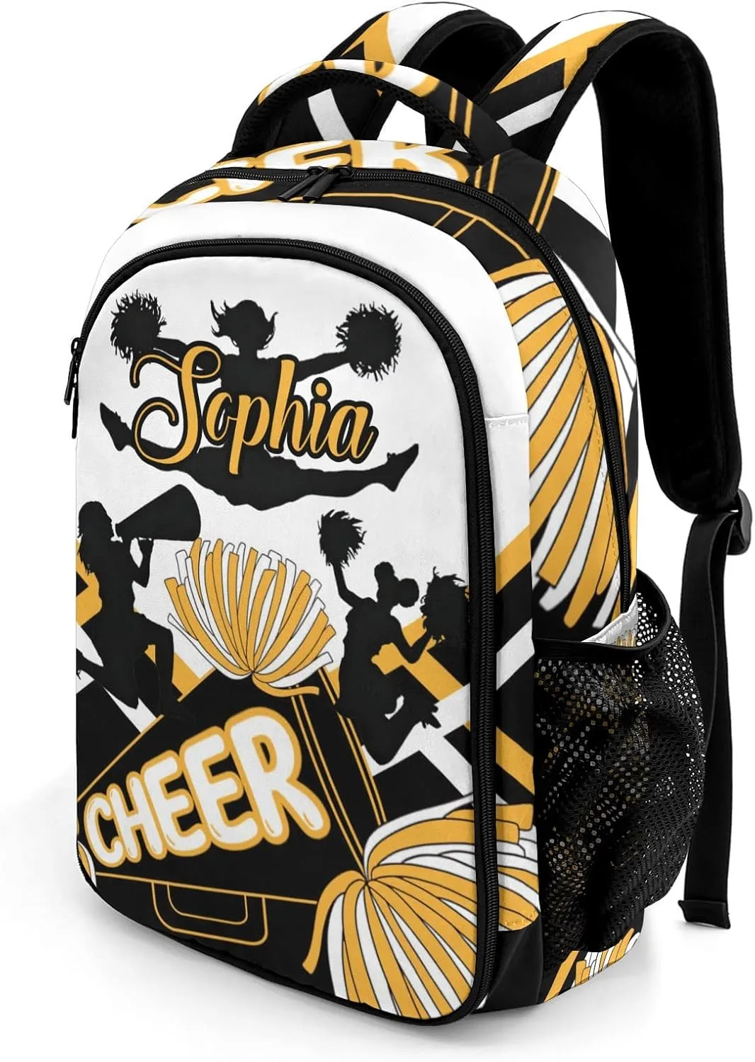Custom Cheerleaders Backpack Custom Name Large Capacity Shoulder Bags for Sports Party Cheer Pom Gold Yellow Black White