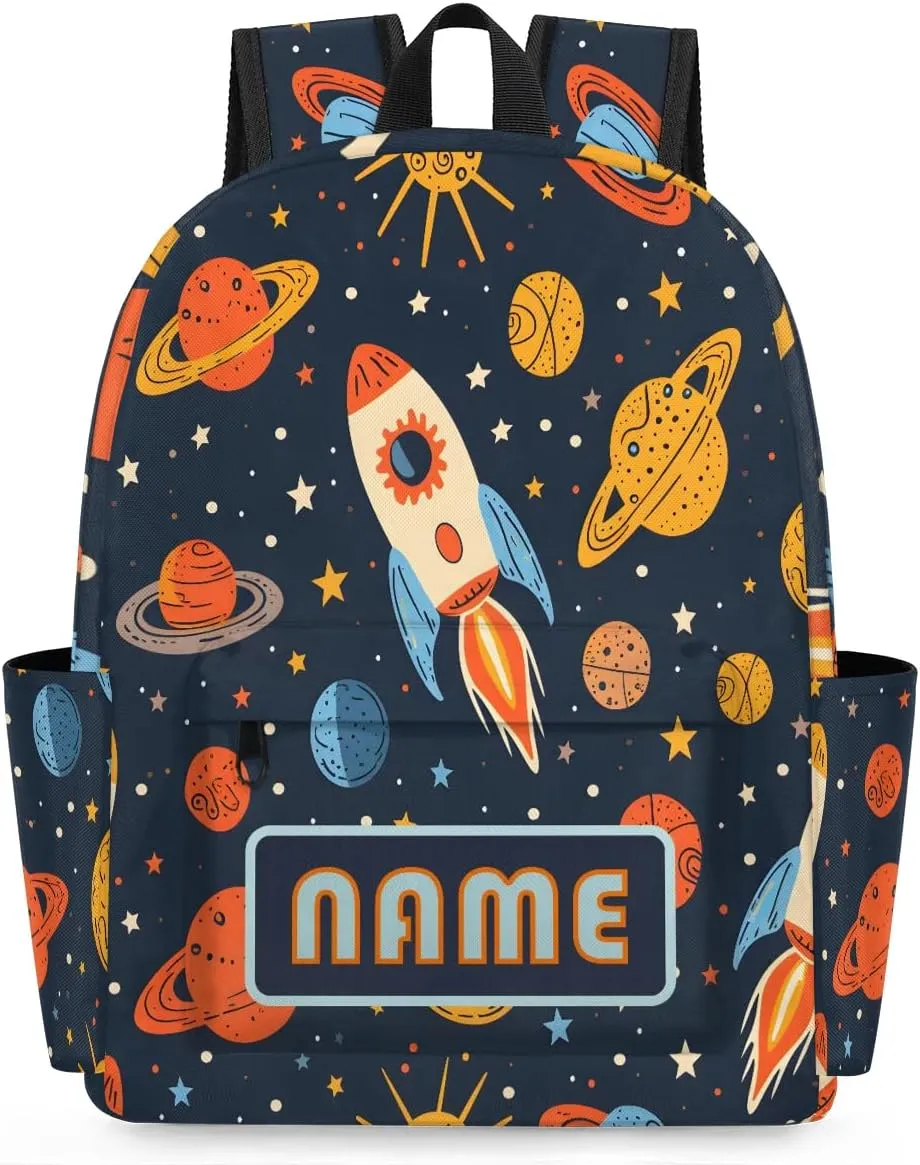 Custom Galaxy Rockets Backpack for Boys Girls, Personalized Schoolbag with Your Name, Bookbag for Kids Back to School Travel Picnic 15 Inch
