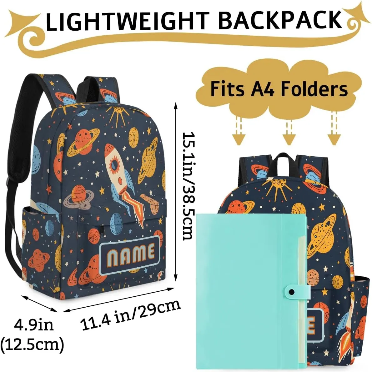 Custom Galaxy Rockets Backpack for Boys Girls, Personalized Schoolbag with Your Name, Bookbag for Kids Back to School Travel Picnic 15 Inch