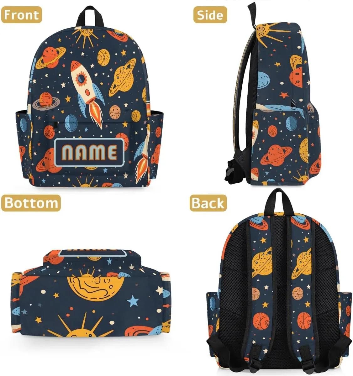Custom Galaxy Rockets Backpack for Boys Girls, Personalized Schoolbag with Your Name, Bookbag for Kids Back to School Travel Picnic 15 Inch