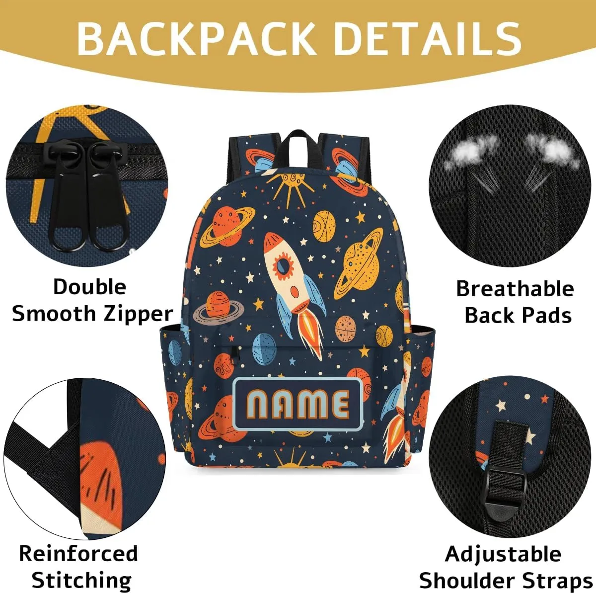 Custom Galaxy Rockets Backpack for Boys Girls, Personalized Schoolbag with Your Name, Bookbag for Kids Back to School Travel Picnic 15 Inch