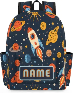 Custom Galaxy Rockets Backpack for Boys Girls, Personalized Schoolbag with Your Name, Bookbag for Kids Back to School Travel Picnic 15 Inch
