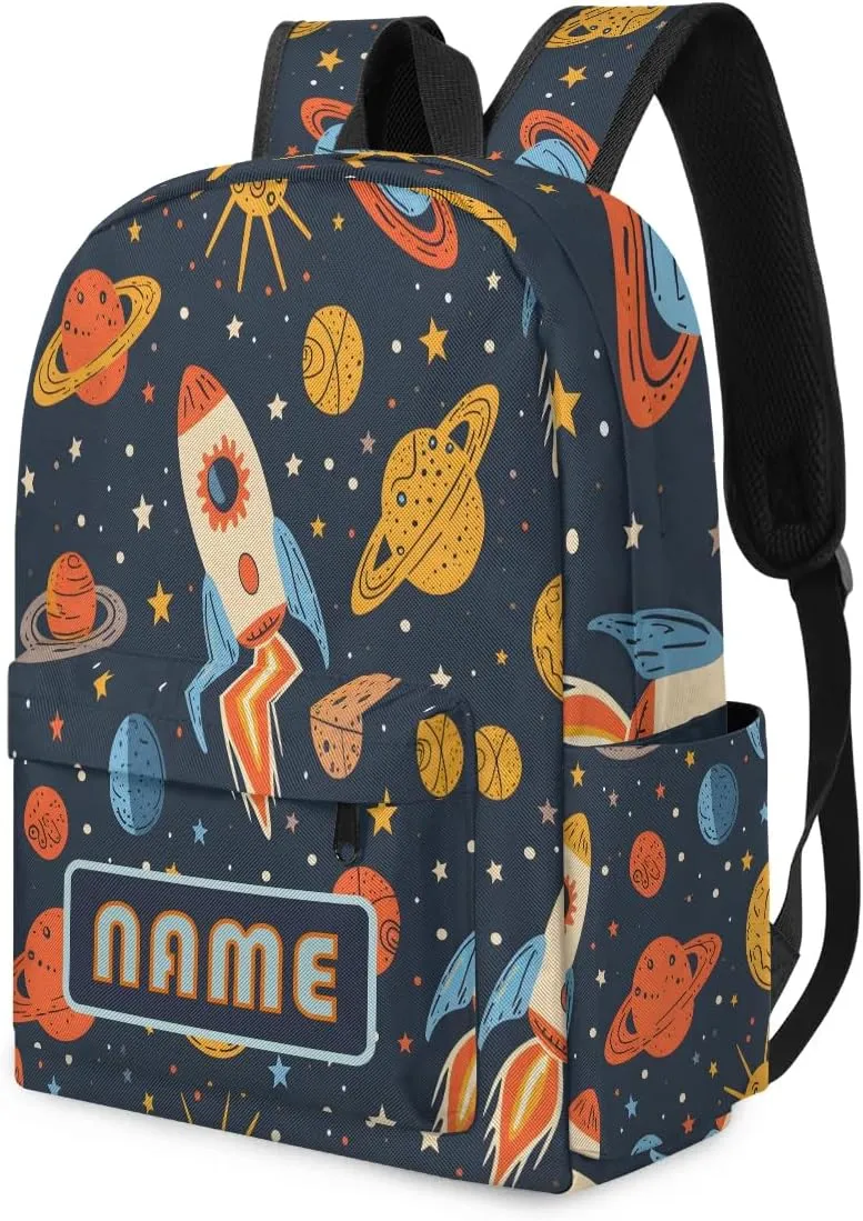 Custom Galaxy Rockets Backpack for Boys Girls, Personalized Schoolbag with Your Name, Bookbag for Kids Back to School Travel Picnic 15 Inch