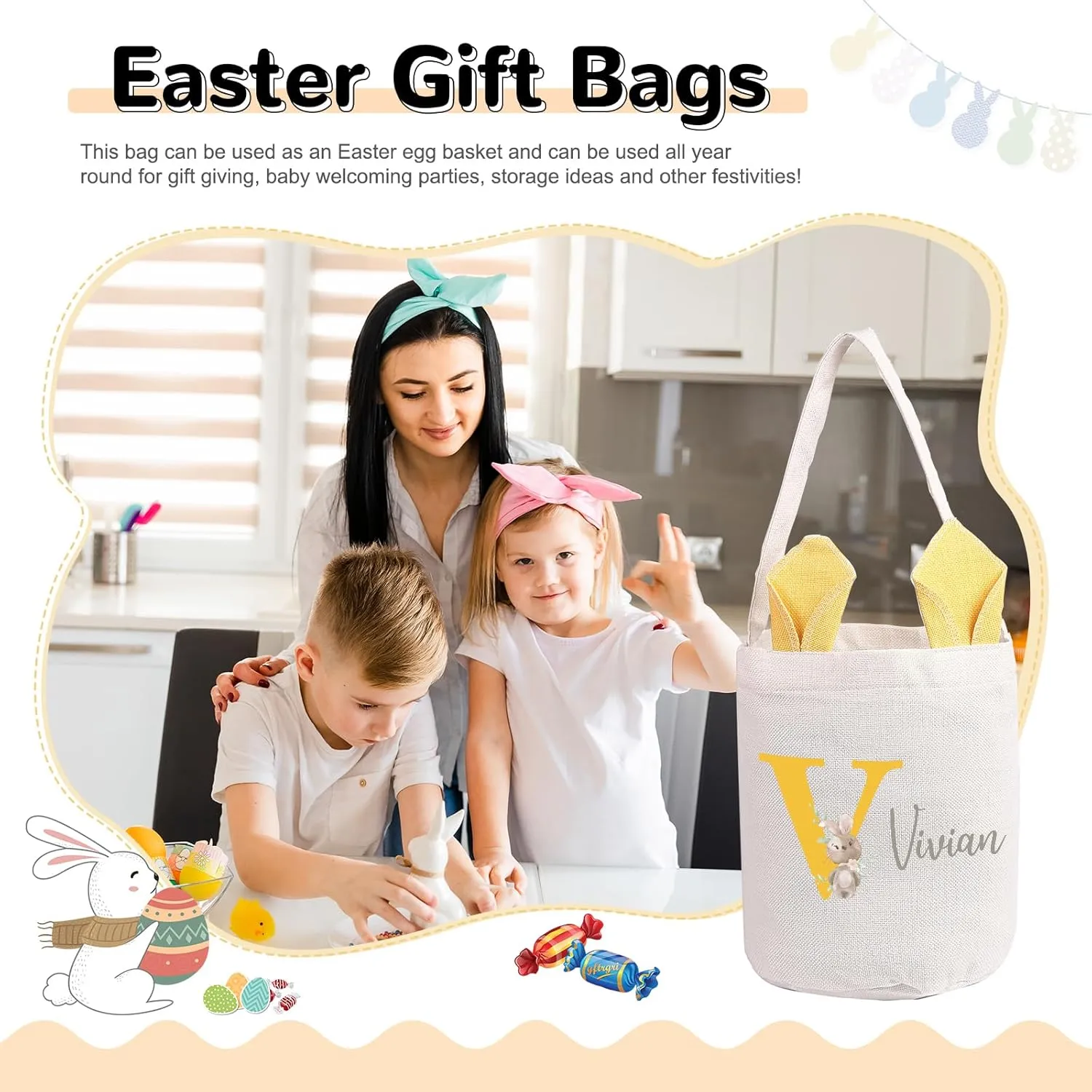 Custom Name Easter Basket: Personalized Easter Baskets for Girls Boys - Photo Name Bunny Bag Kids Party Bag