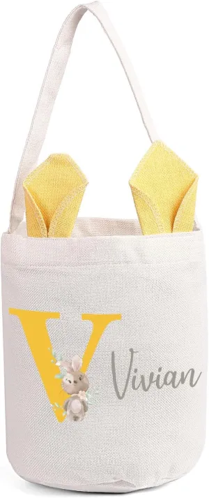 Custom Name Easter Basket: Personalized Easter Baskets for Girls Boys - Photo Name Bunny Bag Kids Party Bag