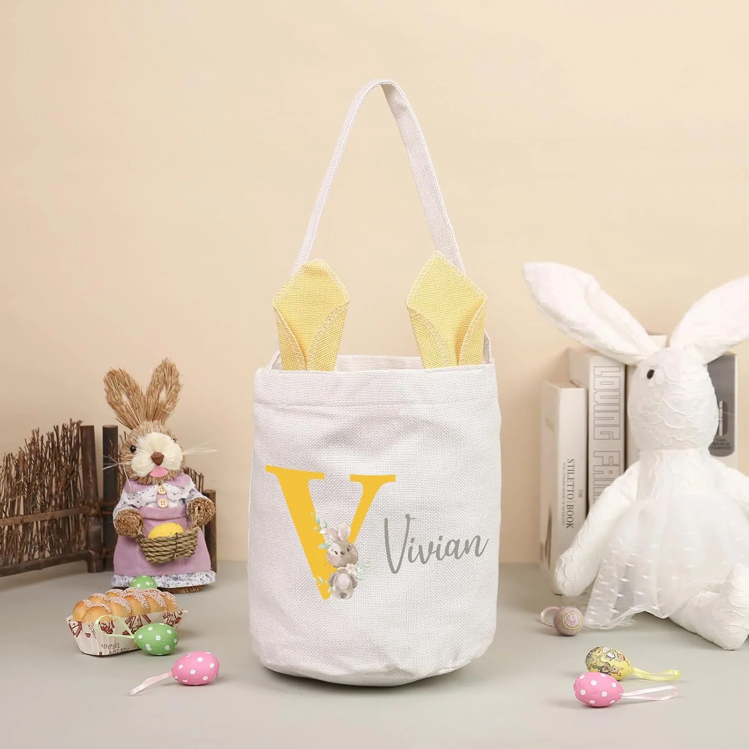 Custom Name Easter Basket: Personalized Easter Baskets for Girls Boys - Photo Name Bunny Bag Kids Party Bag