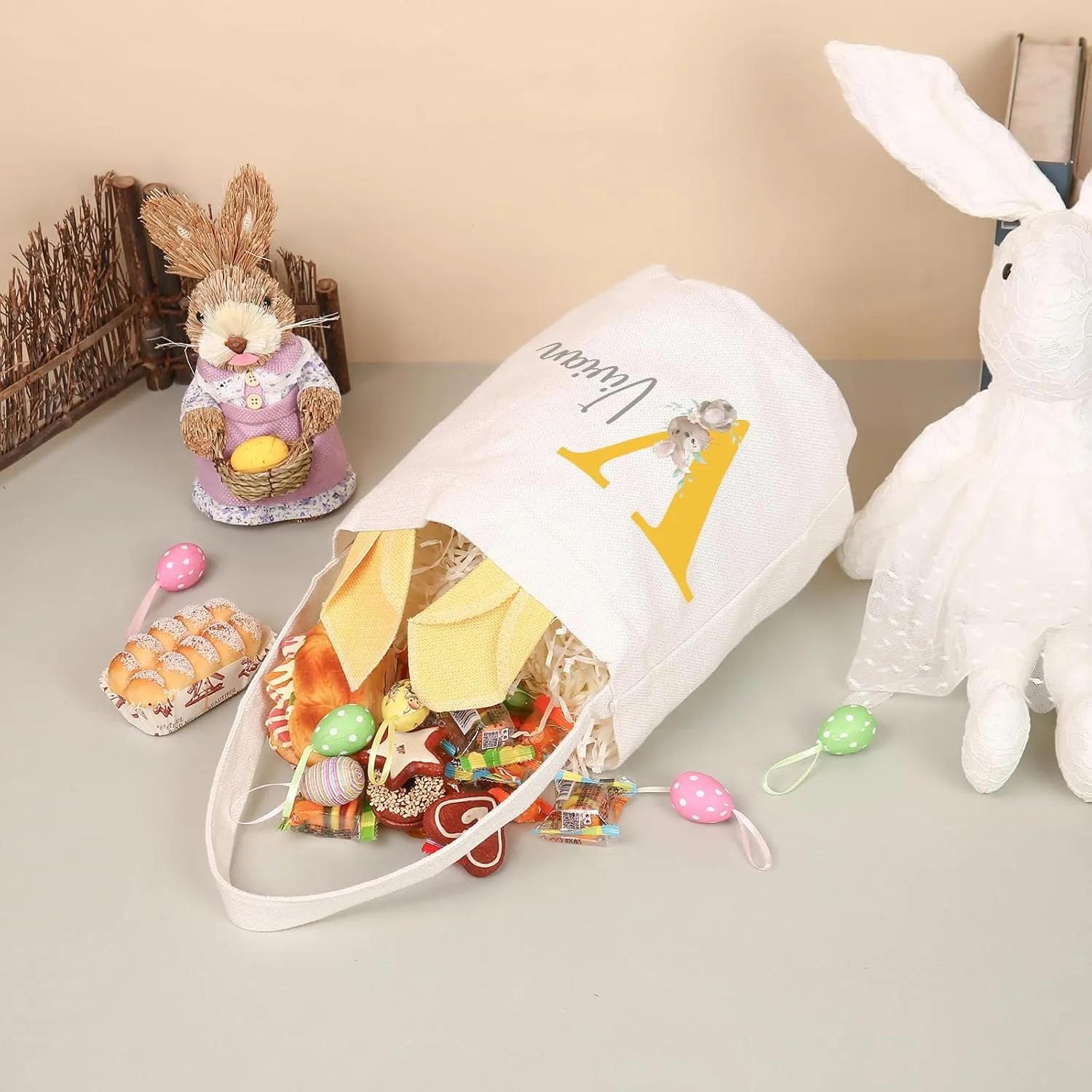 Custom Name Easter Basket: Personalized Easter Baskets for Girls Boys - Photo Name Bunny Bag Kids Party Bag