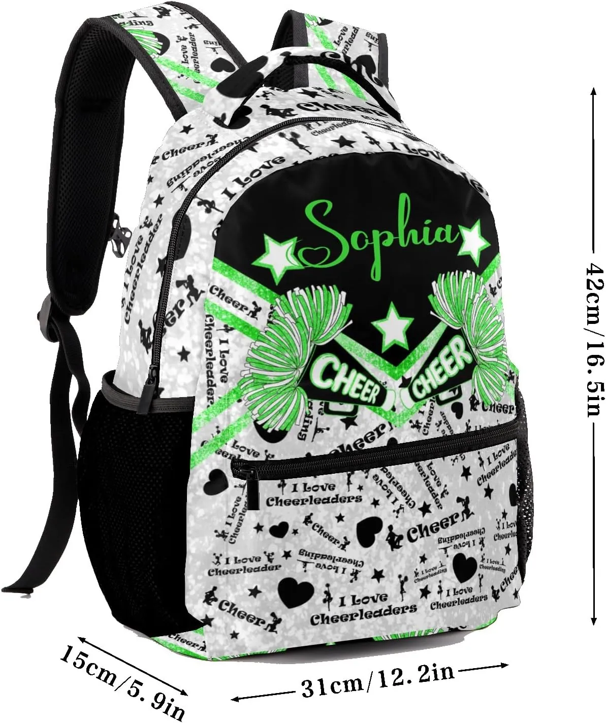 Custom Student Bag Gifts with Name Cheer Green Cheerleader Kids' Backpack Large Capacity Shoulder Bookbag Casual Bag for Teens