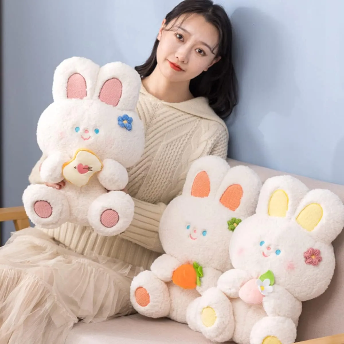Cute 21.7in Bunny Plush Stuffed Animal Pillow: Soft Cuddle Rabbit Animals Hugging Pillow with Strawberry Toy Doll, Kawaii Bunny Plushie for Sleeping Bedroom Funny Gifts for Girls Boys