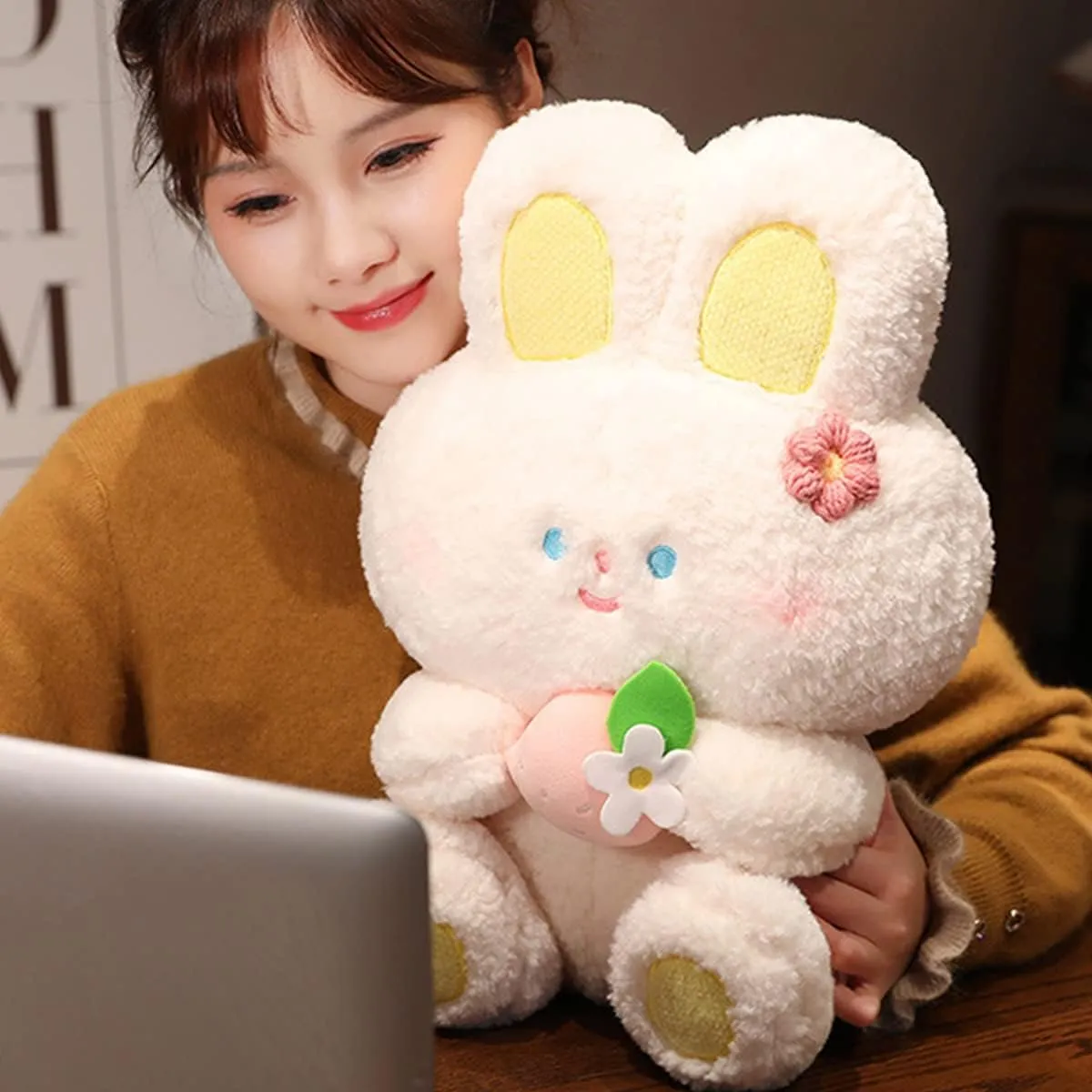 Cute 21.7in Bunny Plush Stuffed Animal Pillow: Soft Cuddle Rabbit Animals Hugging Pillow with Strawberry Toy Doll, Kawaii Bunny Plushie for Sleeping Bedroom Funny Gifts for Girls Boys
