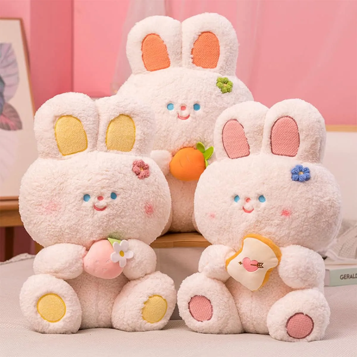 Cute 21.7in Bunny Plush Stuffed Animal Pillow: Soft Cuddle Rabbit Animals Hugging Pillow with Strawberry Toy Doll, Kawaii Bunny Plushie for Sleeping Bedroom Funny Gifts for Girls Boys