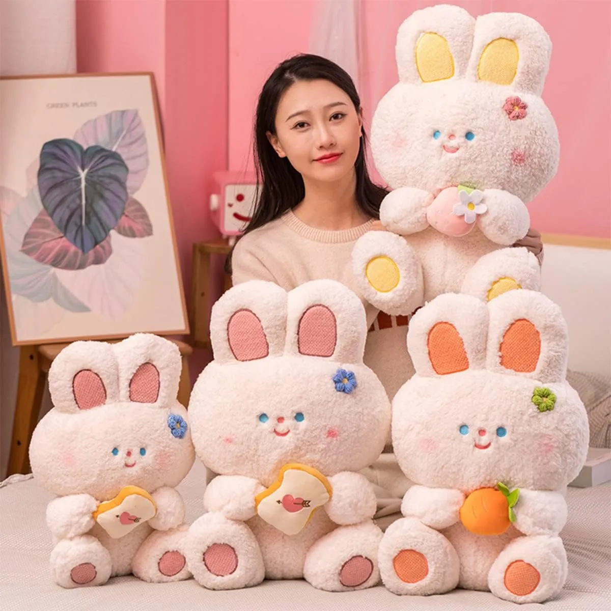 Cute 21.7in Bunny Plush Stuffed Animal Pillow: Soft Cuddle Rabbit Animals Hugging Pillow with Strawberry Toy Doll, Kawaii Bunny Plushie for Sleeping Bedroom Funny Gifts for Girls Boys