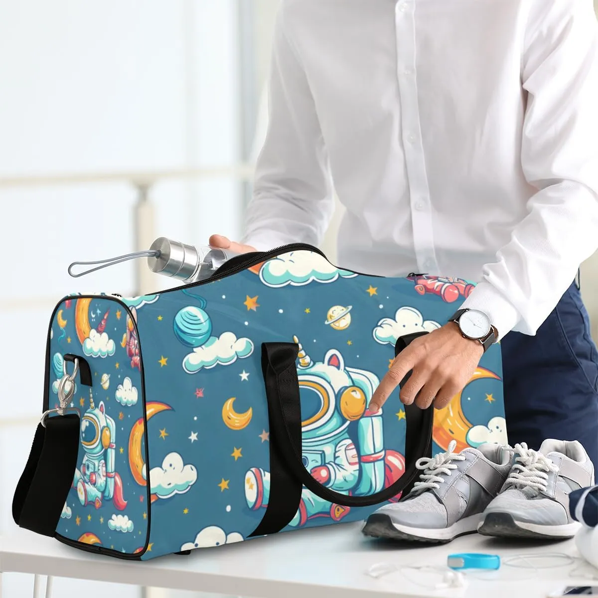 Cute Astronaut Travel Duffle Bag for Women Men Gym Duffel Foldable Bag Waterproof Weekender Cartoon Galaxy Duffle Tote