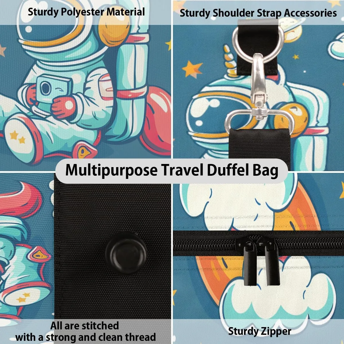 Cute Astronaut Travel Duffle Bag for Women Men Gym Duffel Foldable Bag Waterproof Weekender Cartoon Galaxy Duffle Tote