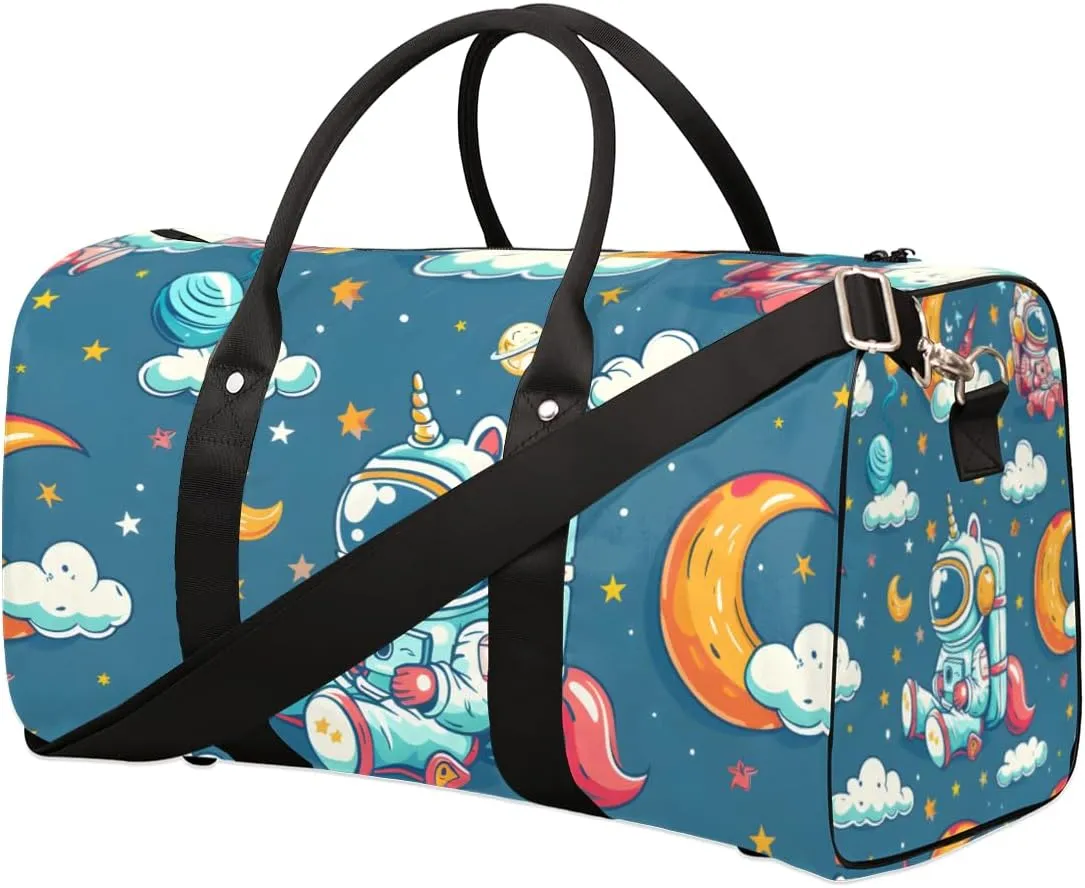 Cute Astronaut Travel Duffle Bag for Women Men Gym Duffel Foldable Bag Waterproof Weekender Cartoon Galaxy Duffle Tote