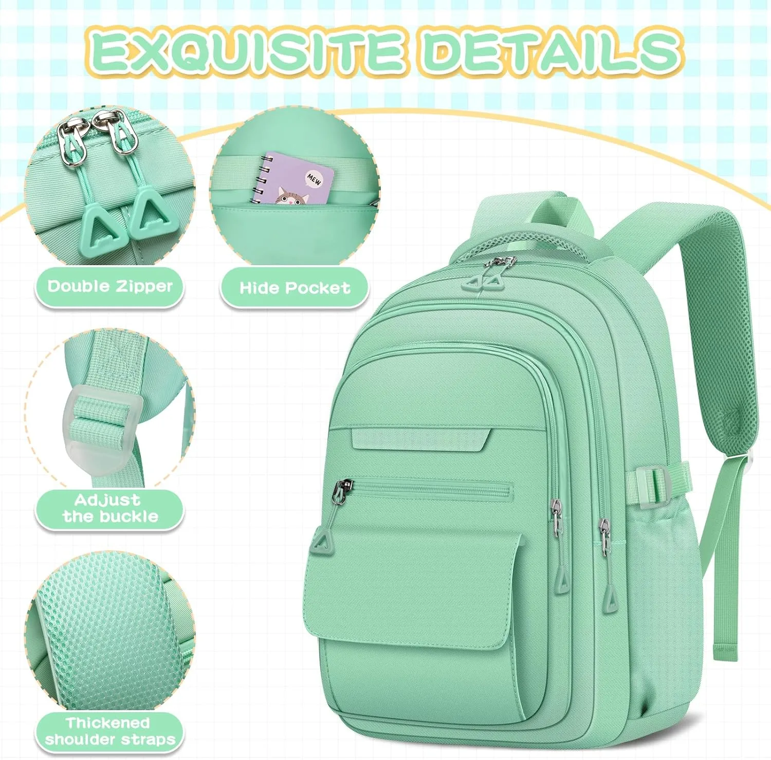 Cute Backpack for School Teen Girls Green Bookbag Aesthetic Womens Travel Book Bags for School Kids Student Back Packs