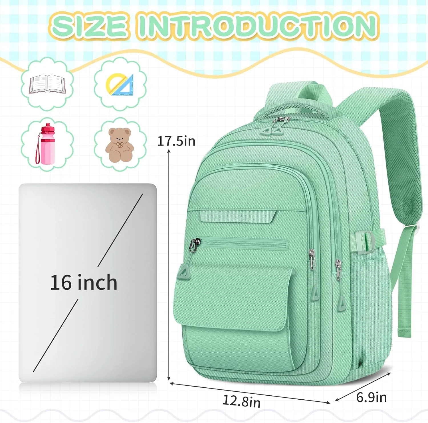 Cute Backpack for School Teen Girls Green Bookbag Aesthetic Womens Travel Book Bags for School Kids Student Back Packs