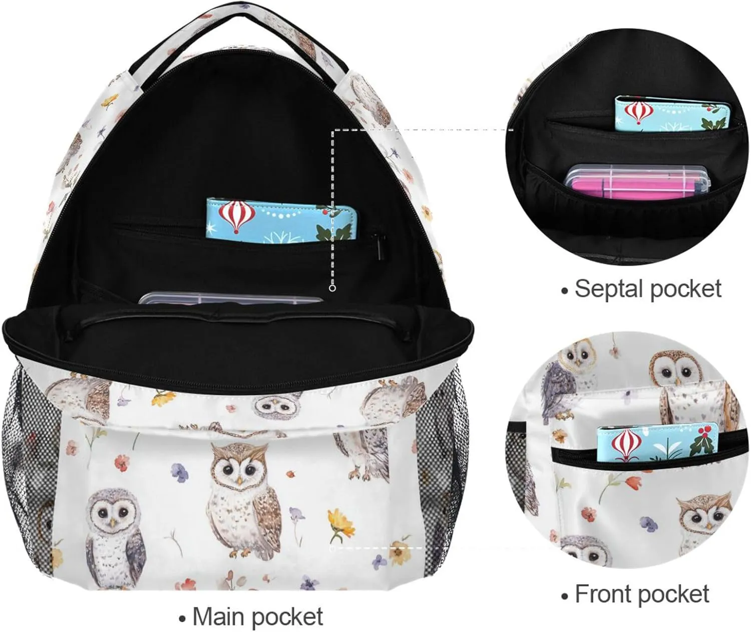 Cute Backpack for Teens Boys Girls Waterproof Stylish Travel Bags with Chest Strap for Travel Trip Cartoon Cute Owl White