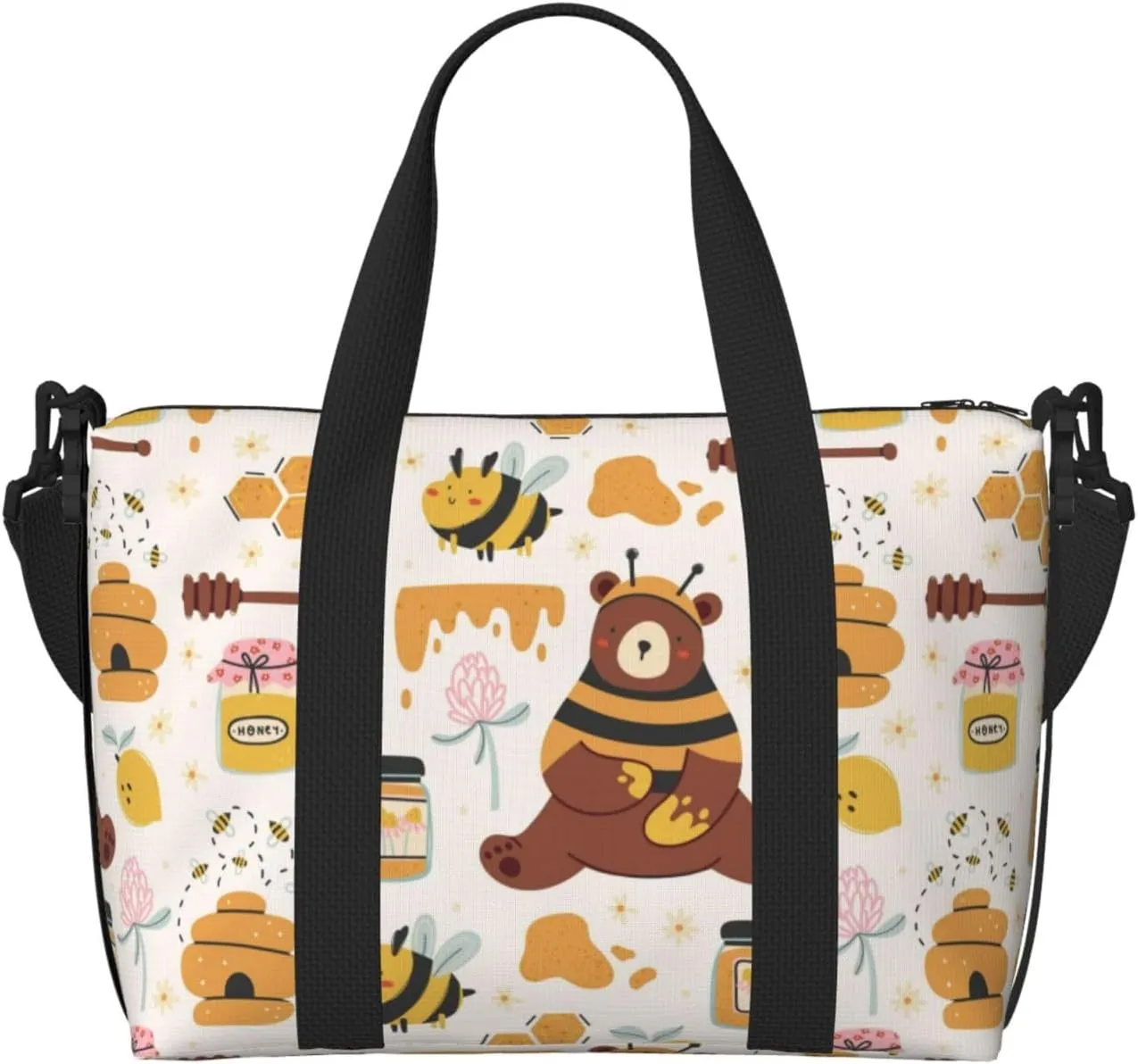 Cute Bee Honey Jar Hive Bear Carry on Luggage Travel Bag Airlines Personal Item Bag Waterproof Sandproof Foldable Travel Bag Expandable Travel Overnight for Women and Men