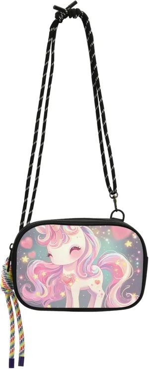 Cute Cartoon Colorful unicorns Sparkles Stars Black Crossbody Bag for Mens Beauty with Credit Card Slots Cell Phone Bag Have a meal