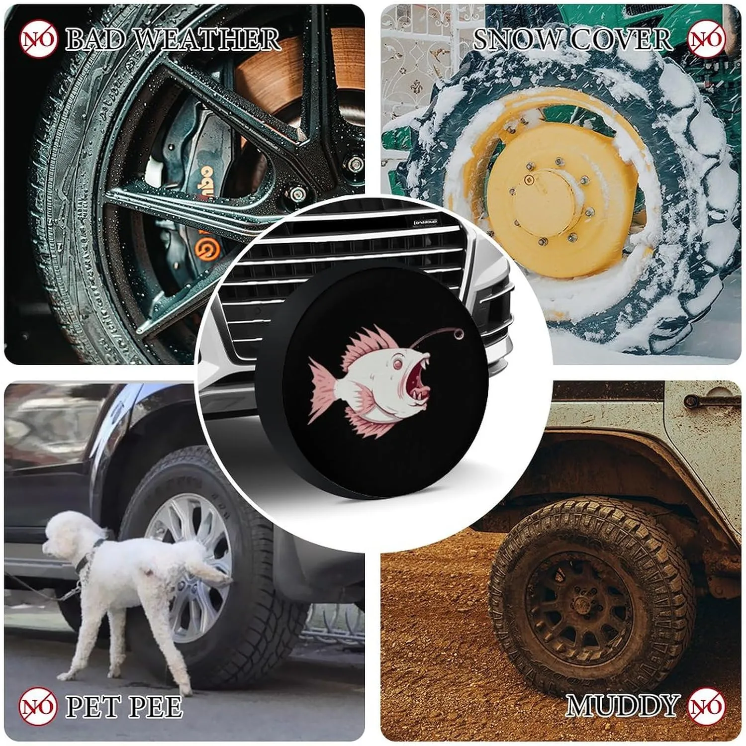 Cute Cartoon Lantern Fish Spare Tire Cover Oxford Coth Waterproof Wheel Cover Universal Fit 28inch