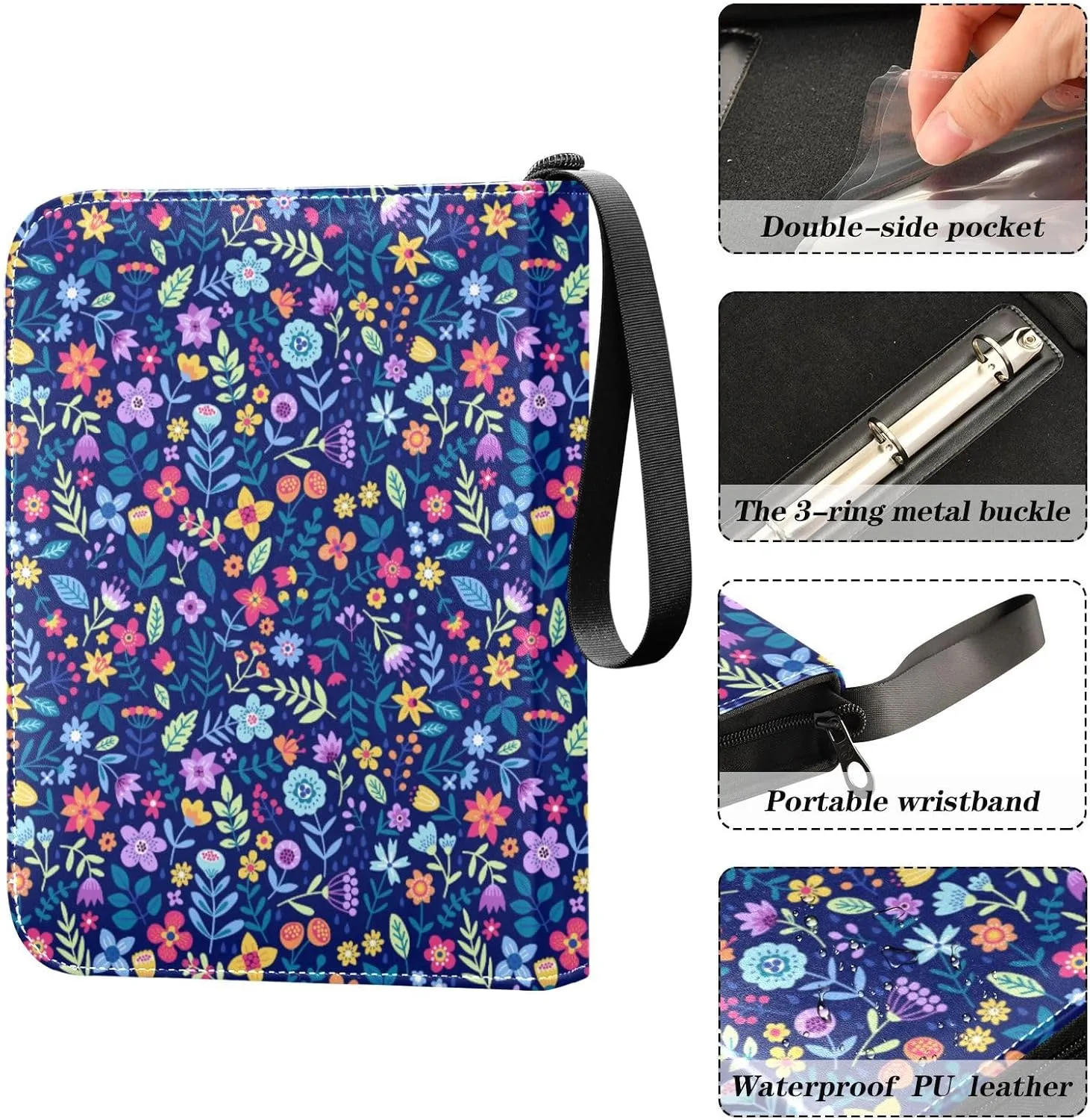 Cute Floral Flowers Card Binder 4 Pocket Zipper PU Trading Card Album Fits 400 Game Cards 50 Removable Sleeves Card Folder Collection for Baseball MTG TCG Sports Cards