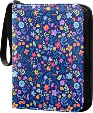 Cute Floral Flowers Card Binder 4 Pocket Zipper PU Trading Card Album Fits 400 Game Cards 50 Removable Sleeves Card Folder Collection for Baseball MTG TCG Sports Cards