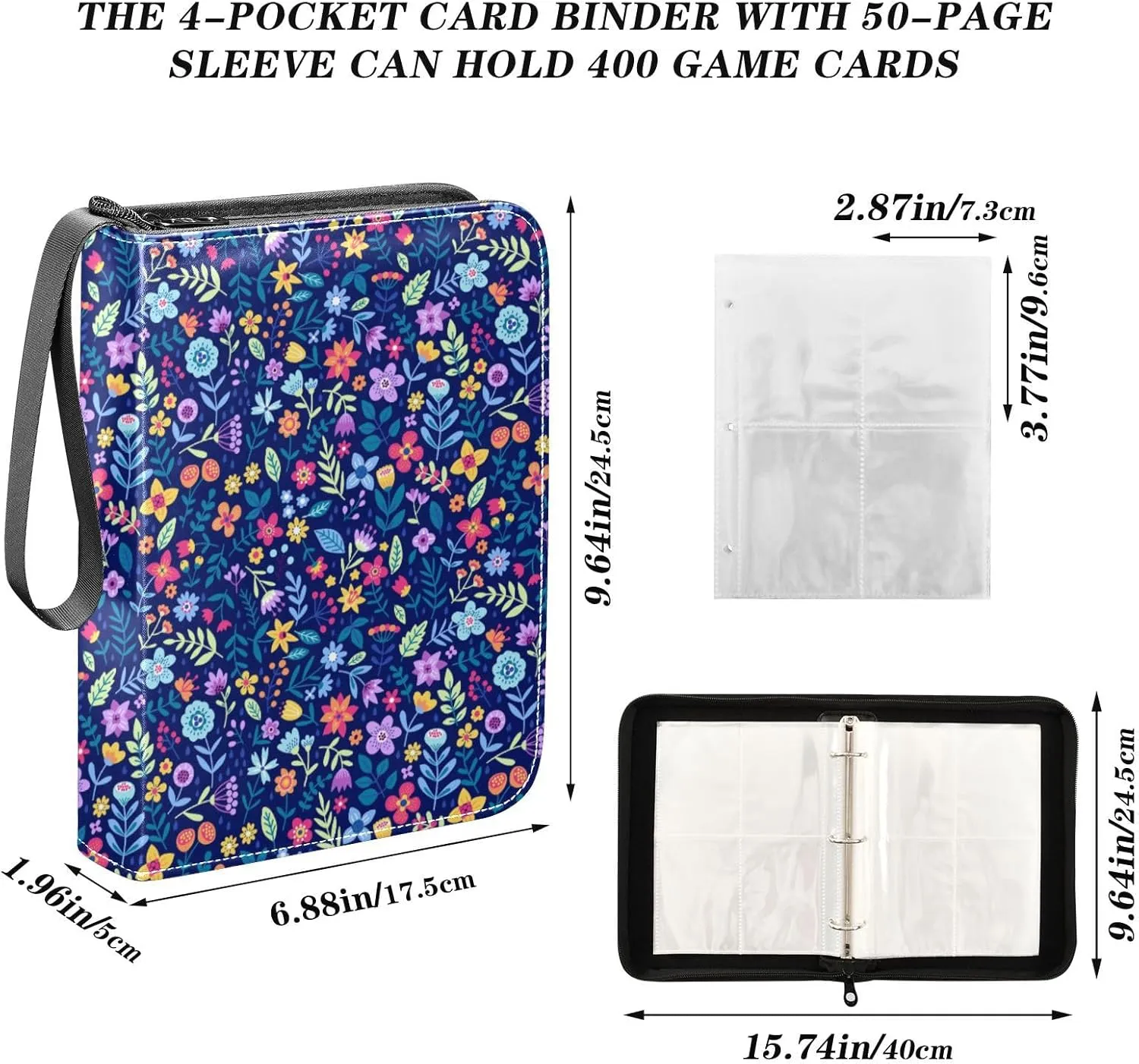 Cute Floral Flowers Card Binder 4 Pocket Zipper PU Trading Card Album Fits 400 Game Cards 50 Removable Sleeves Card Folder Collection for Baseball MTG TCG Sports Cards