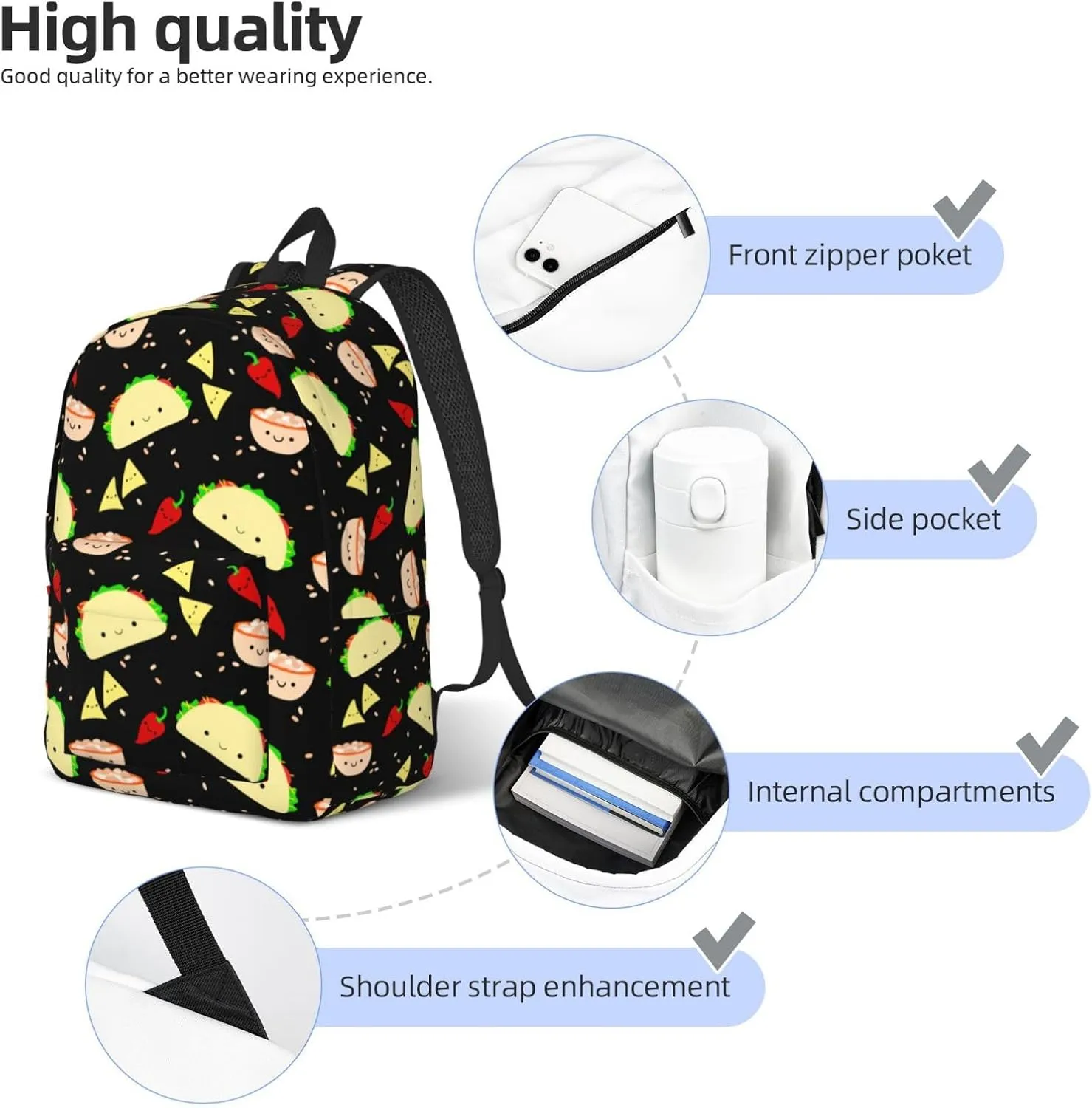 Cute Food Taco Backpack for Girls Boys Women Lightweight Canvas Bookbag Casual Daypack for Travel Outdoor Camping, 17 Inch