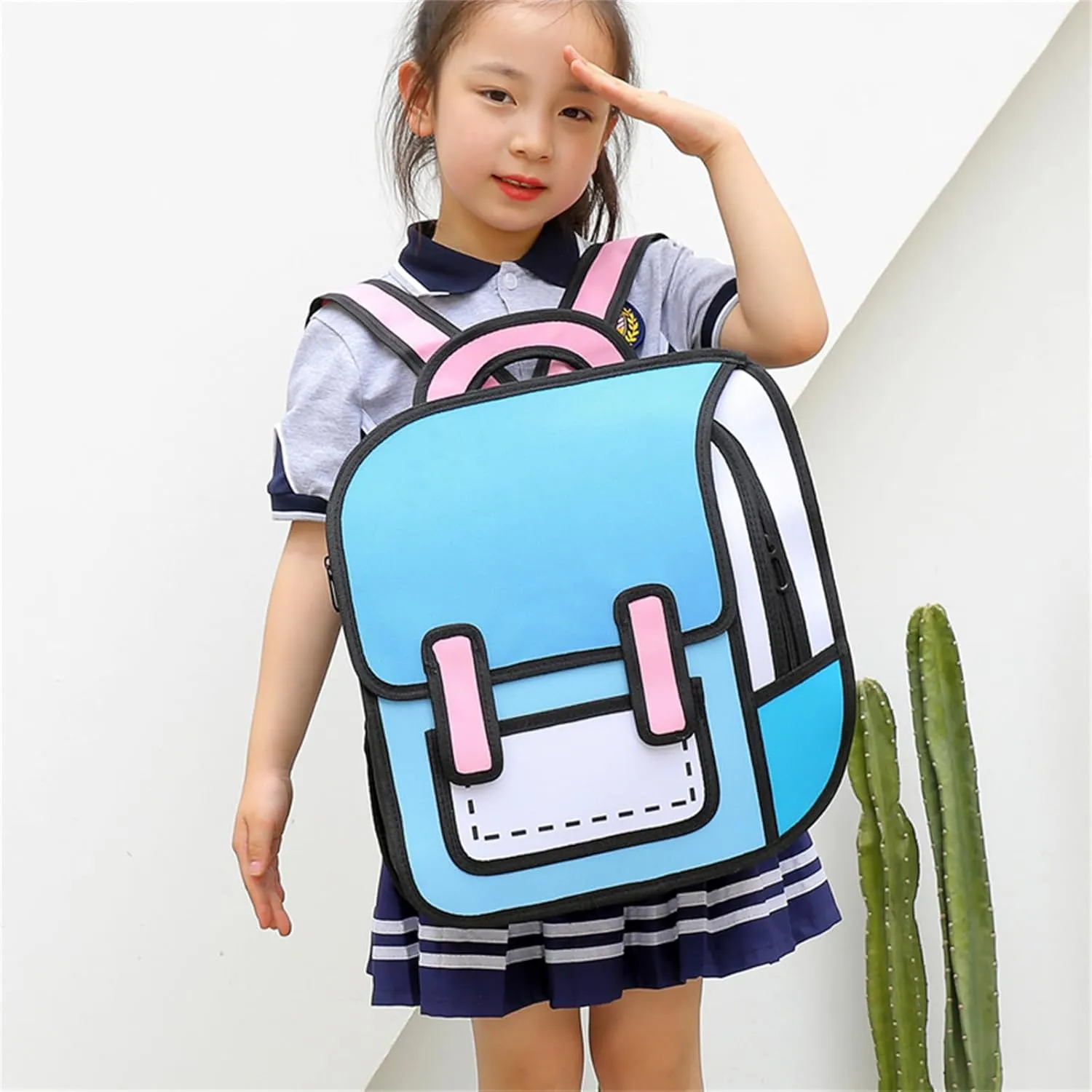 Cute Kids Cartoon Backpack for Boys and Girls, Toddler 2D Drawing Style Comic Fun weird School Pack Bag, Children Jump From Paper Anime Funny Bookbag (Light Blue)