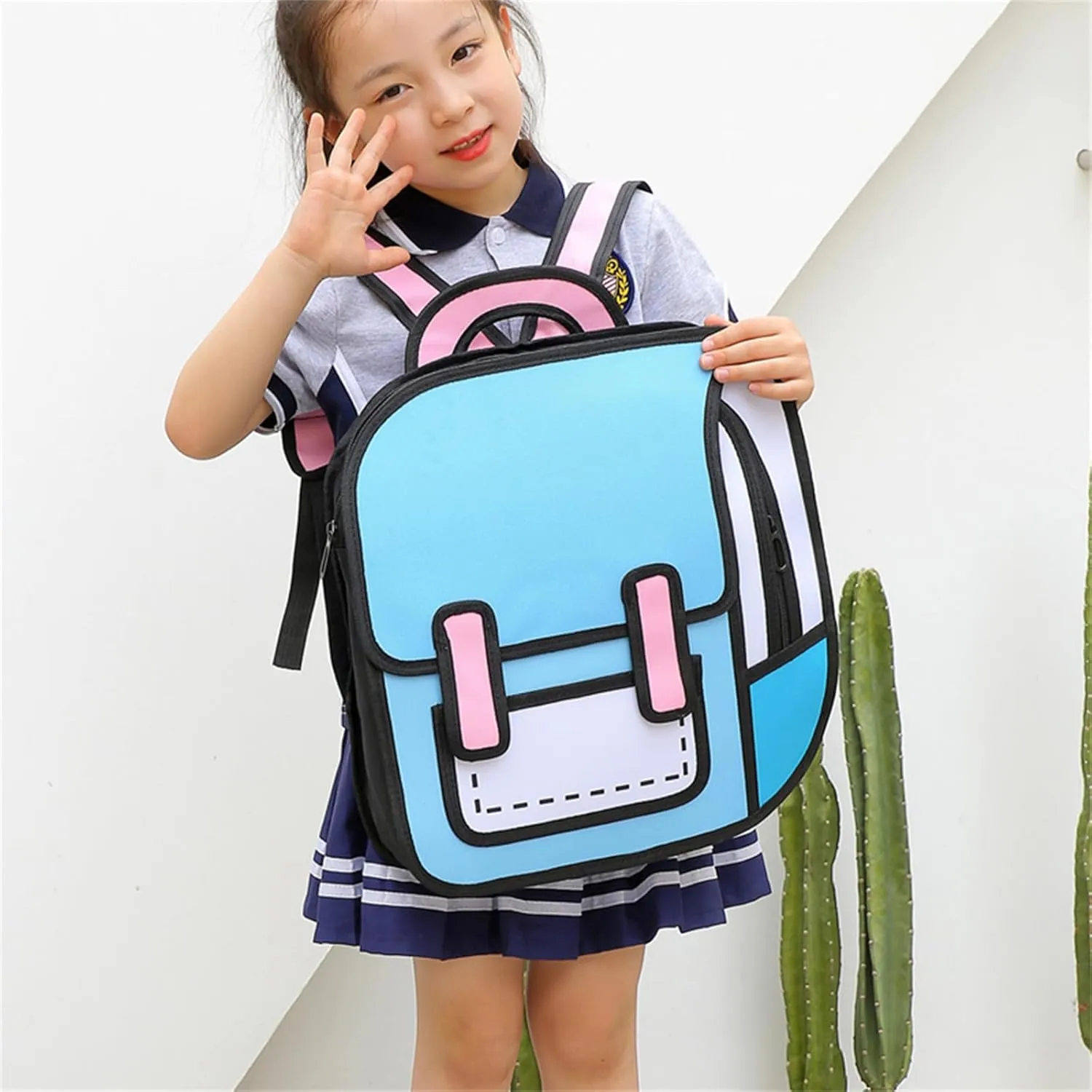 Cute Kids Cartoon Backpack for Boys and Girls, Toddler 2D Drawing Style Comic Fun weird School Pack Bag, Children Jump From Paper Anime Funny Bookbag (Light Blue)