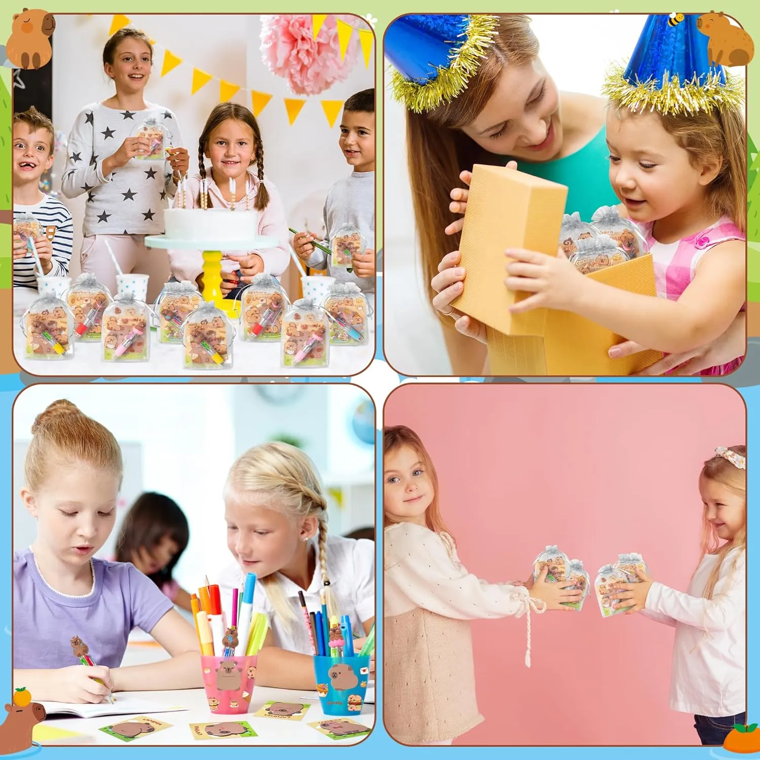 CY2SIDE Capybara Stationery Party Gift - 24 Pack Fun Animal Stationery Gifts Set Include 4-in-1 Ballpoint Pen Sticky Note Sticker and Organza Capybara Party Favor Goodie Bag Fillers for School Rewards