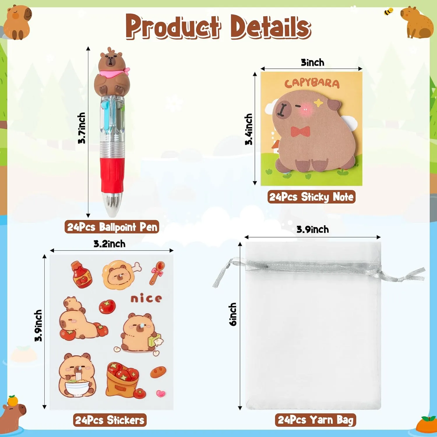 CY2SIDE Capybara Stationery Party Gift - 24 Pack Fun Animal Stationery Gifts Set Include 4-in-1 Ballpoint Pen Sticky Note Sticker and Organza Capybara Party Favor Goodie Bag Fillers for School Rewards