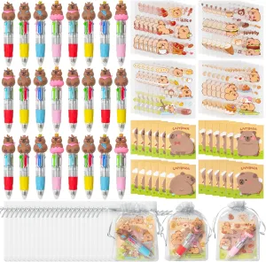 CY2SIDE Capybara Stationery Party Gift - 24 Pack Fun Animal Stationery Gifts Set Include 4-in-1 Ballpoint Pen Sticky Note Sticker and Organza Capybara Party Favor Goodie Bag Fillers for School Rewards