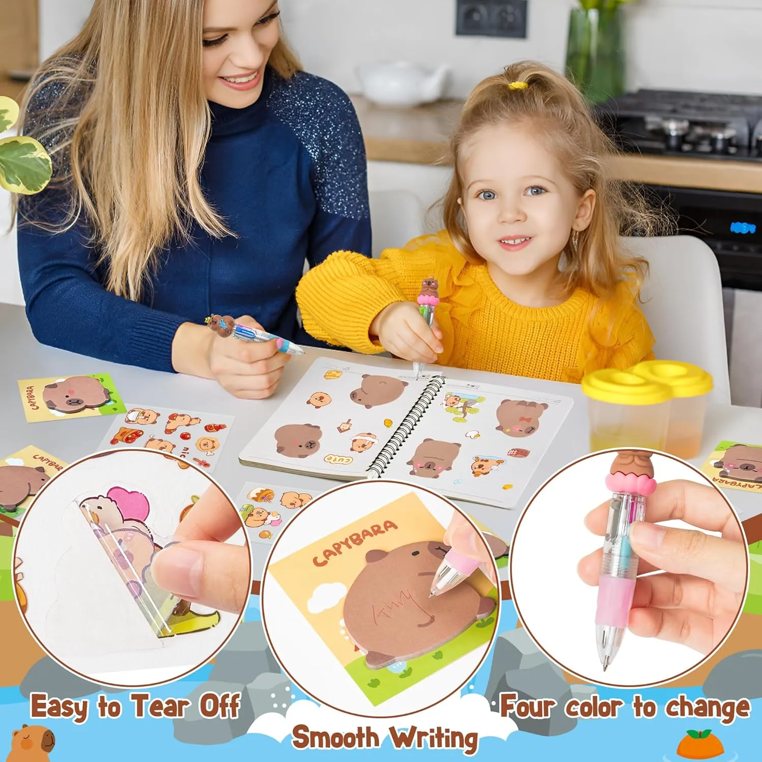 CY2SIDE Capybara Stationery Party Gift - 24 Pack Fun Animal Stationery Gifts Set Include 4-in-1 Ballpoint Pen Sticky Note Sticker and Organza Capybara Party Favor Goodie Bag Fillers for School Rewards