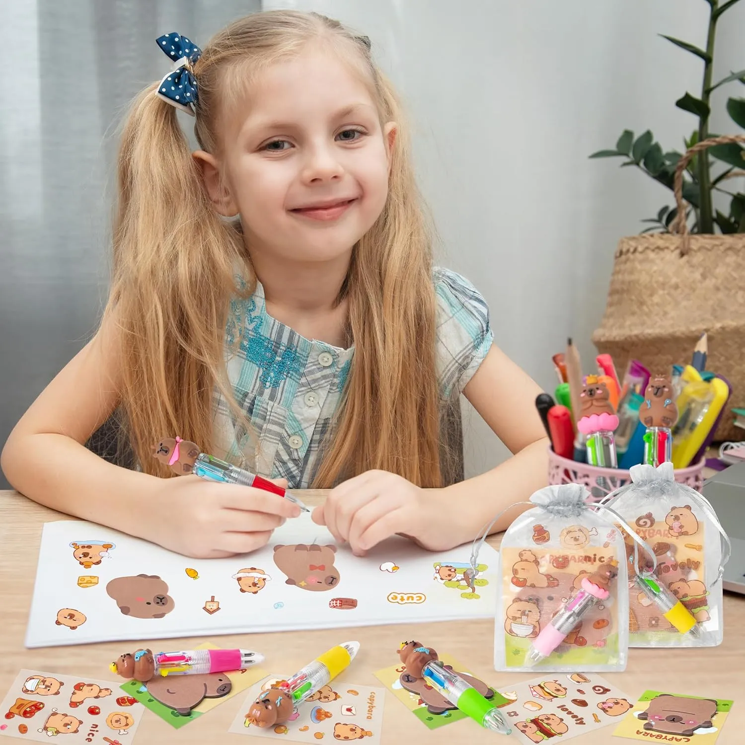 CY2SIDE Capybara Stationery Party Gift - 24 Pack Fun Animal Stationery Gifts Set Include 4-in-1 Ballpoint Pen Sticky Note Sticker and Organza Capybara Party Favor Goodie Bag Fillers for School Rewards
