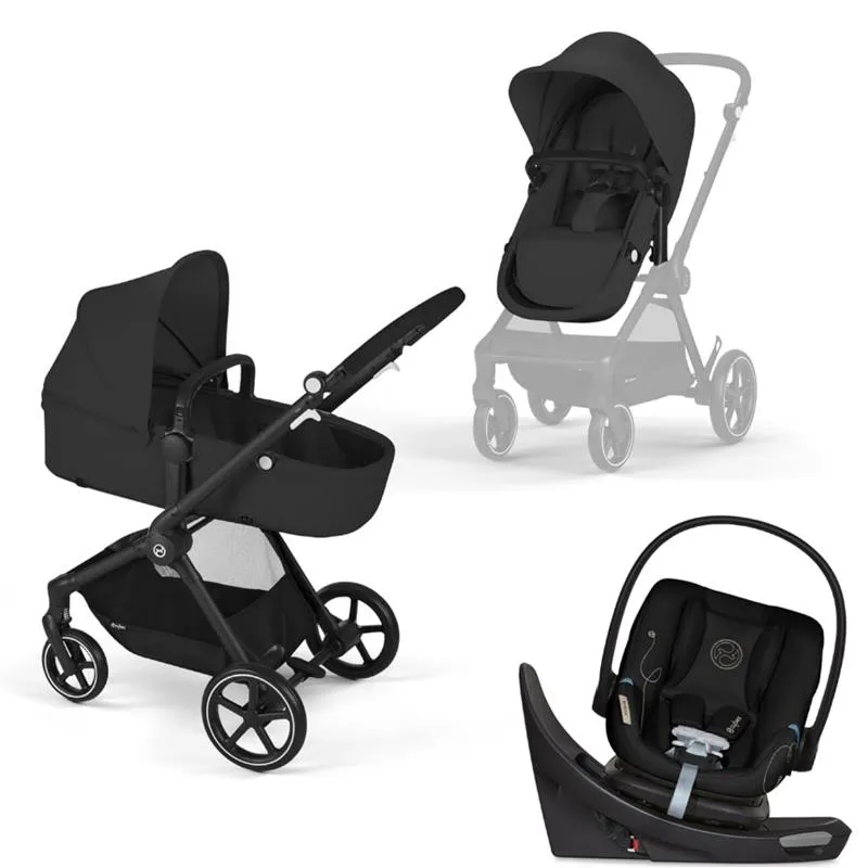 Cybex - Eos 5-In-1 Travel System Stroller Black Frame   Lightweight Aton G Swivel Infant Car Seat With Sensorsafe Moon Black