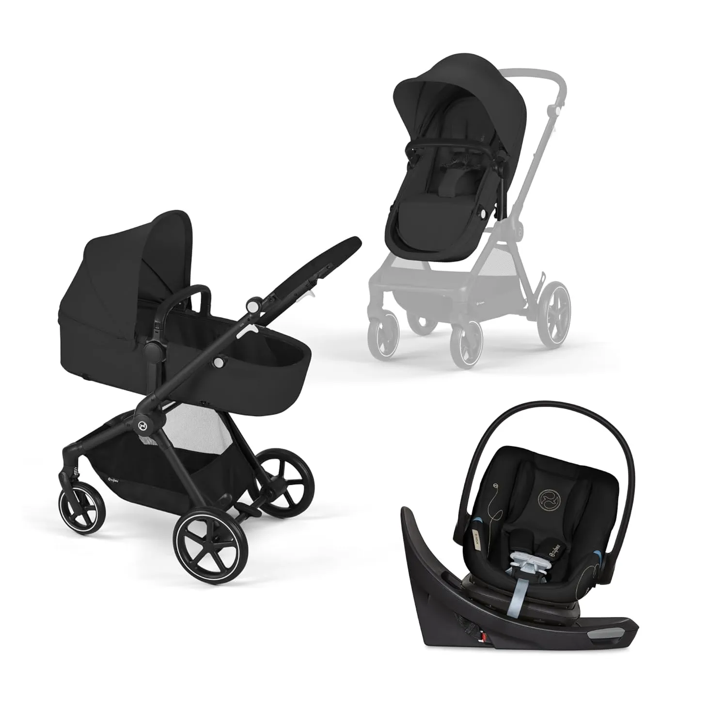 Cybex EOS 5-in-1 Travel System Stroller   Lightweight Aton G Swivel Infant Car Seat, Moon Black, Black Frame