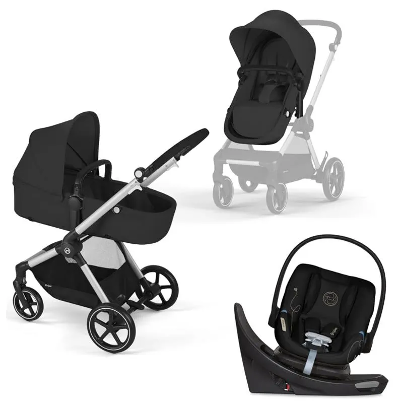 Cybex - Eos 5-In-1 Travel System Stroller Silver Frame   Aton G Swivel Infant Car Seat With Sensorsafe, Moon Black