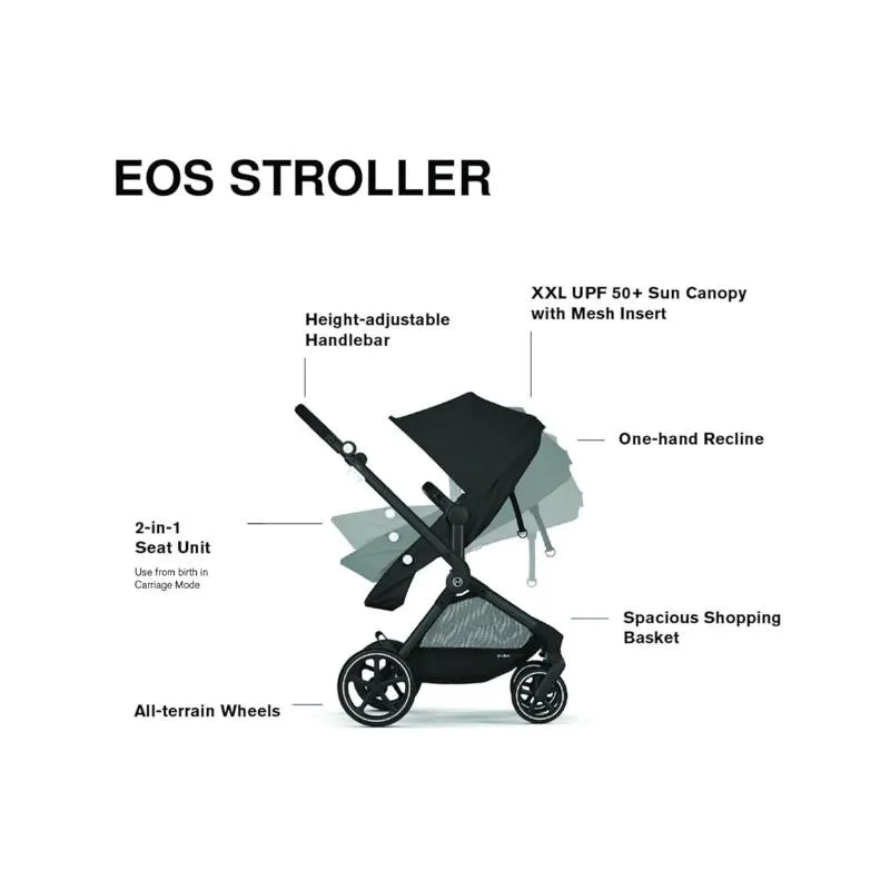 Cybex - Eos 5-In-1 Travel System Stroller Silver Frame   Aton G Swivel Infant Car Seat With Sensorsafe, Moon Black