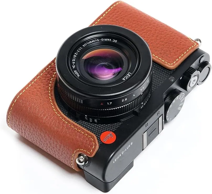 D-Lux 8 Camera Case, Handmade Genuine Real Leather Half Camera Case Bag Cover for Leica D-Lux 8 Camera Bottom Opening Version   Hand Strap (Brown)