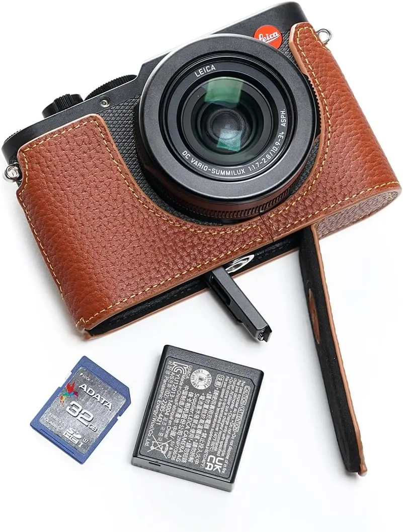 D-Lux 8 Camera Case, Handmade Genuine Real Leather Half Camera Case Bag Cover for Leica D-Lux 8 Camera Bottom Opening Version   Hand Strap (Brown)