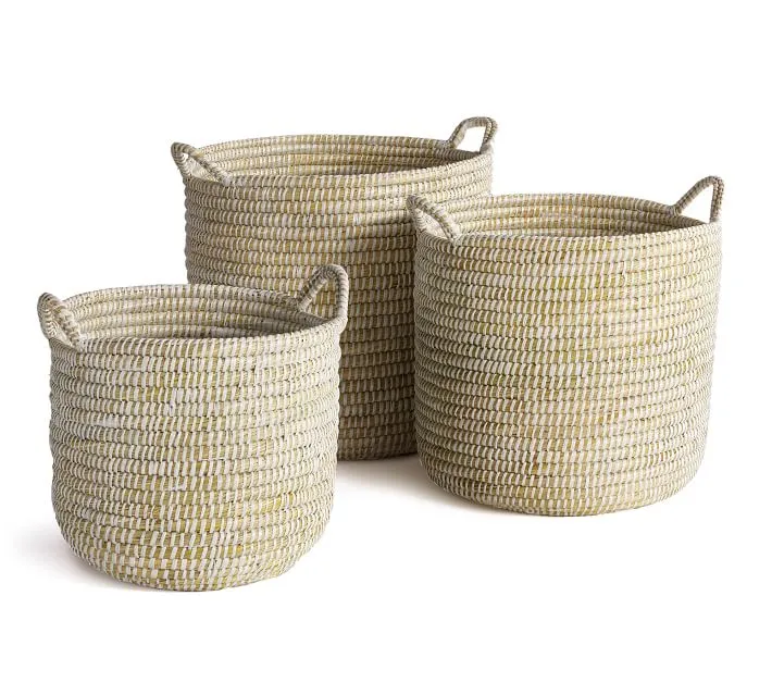 Dahlia White Rivergrass Handled Baskets